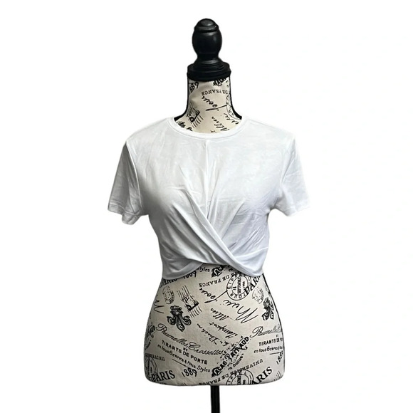 Mica’s Women's Ivory T-Shirt Solid Twist Front Crop Tee Beach Boho Casual L - Picture 2 of 10